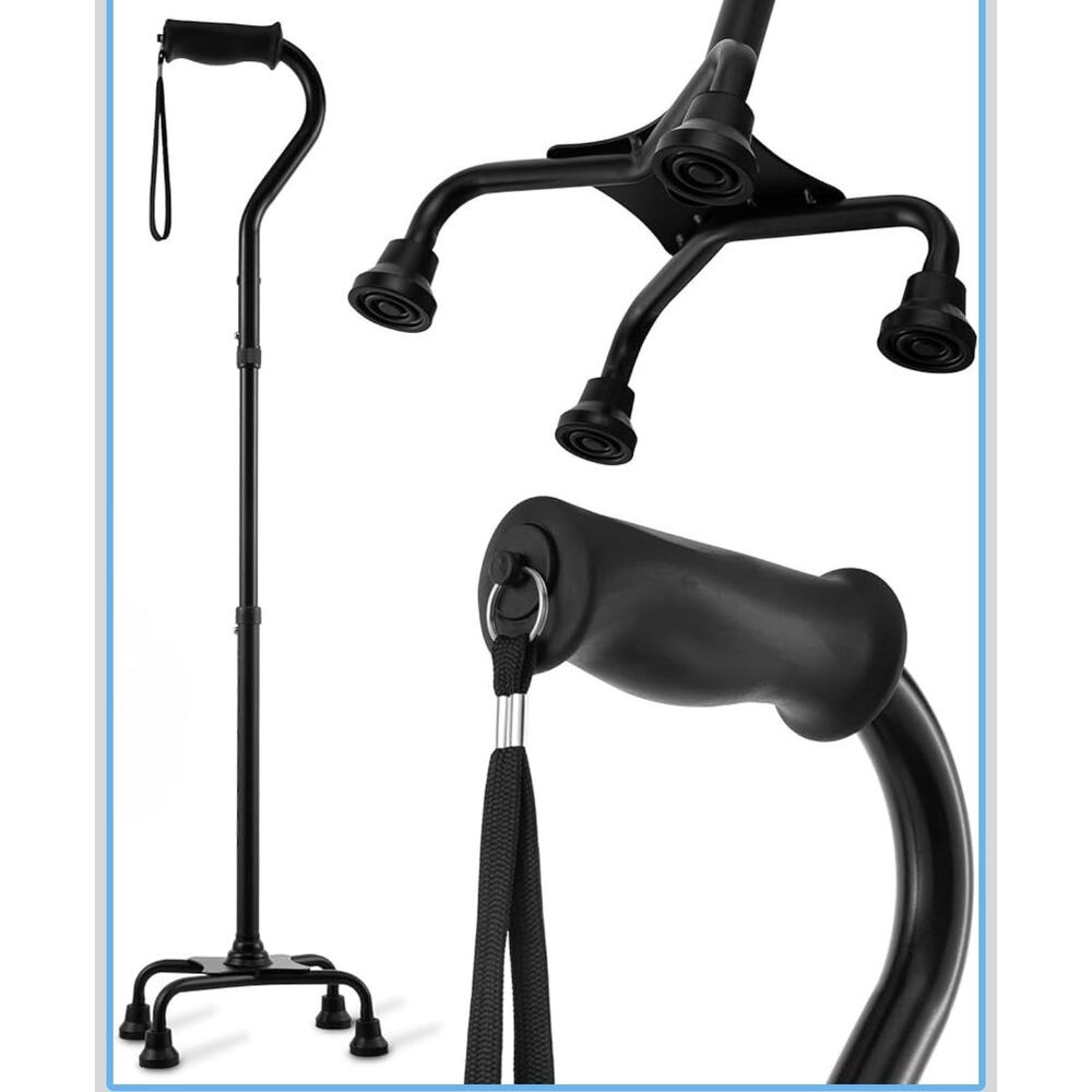 Quad Cane Walking Stick Adjustable Lightweight 4 Prong Base Black